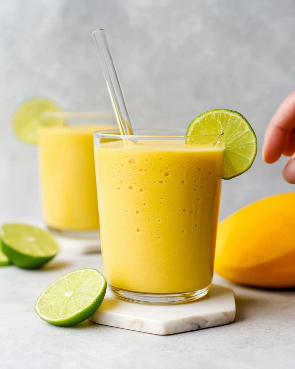 A clear glass filled with a thick, yellow smoothie that has small bubbles on its surface sits on two white hexagonal marble coasters stacked on top of each other. A thin slice of bright green lime is placed on the rim of the glass. Behind it, another glass with the same yellow smoothie and a lime slice on its rim is partially visible. In the foreground, a lime cut in half rests beside the smoothie's glass, and to the right, a whole yellow mango is placed on a white marbled surface. A woman's hand is holding a clear straw that is inside the glass with the smoothie. The background shows a soft, light gray texture. photo taken with an iphone --ar 4:5 --v 7