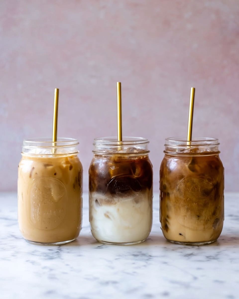 Three iced coffee drinks are in clear mason jars, each with a shiny gold straw standing upright in the center. The jar on the left has a light brown drink filled with ice cubes showing through the creamy liquid. The middle jar shows two layers: a thick white layer at the bottom and a dark brown coffee layer on top with some mixing in the middle, also with ice cubes inside. The jar on the right contains a medium brown drink filled with ice cubes that create small dark spots throughout. The drinks sit on a white marbled surface with a soft pinkish-gray background. photo taken with an iphone --ar 4:5 --v 7