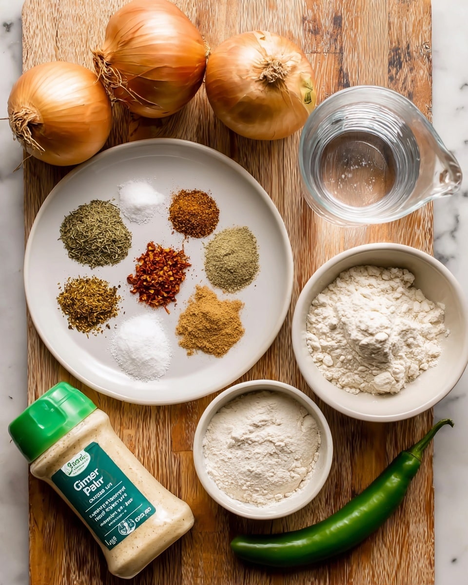The image shows several cooking ingredients arranged neatly on a wooden surface. In the center left, a white plate holds seven small piles of spices, including ground coriander, dried coriander leaf, cumin, chili flakes, ground fenugreek, salt, and garlic salt, each with different shades of browns, reds, and greens. Above this plate, there are two whole onions with their dry golden-brown skins. To the right of the onions is a clear glass jug filled with water. Below the jug is a tube of ginger paste, cream in color with a green cap. To the right, a whole green chili pepper lies next to two white bowls, one smaller and holding white bicarbonate of soda powder, the other larger filled with off-white gram flour. All items are on a wooden surface but the background should be imagined as white marbled texture. Photo taken with an iphone --ar 4:5 --v 7