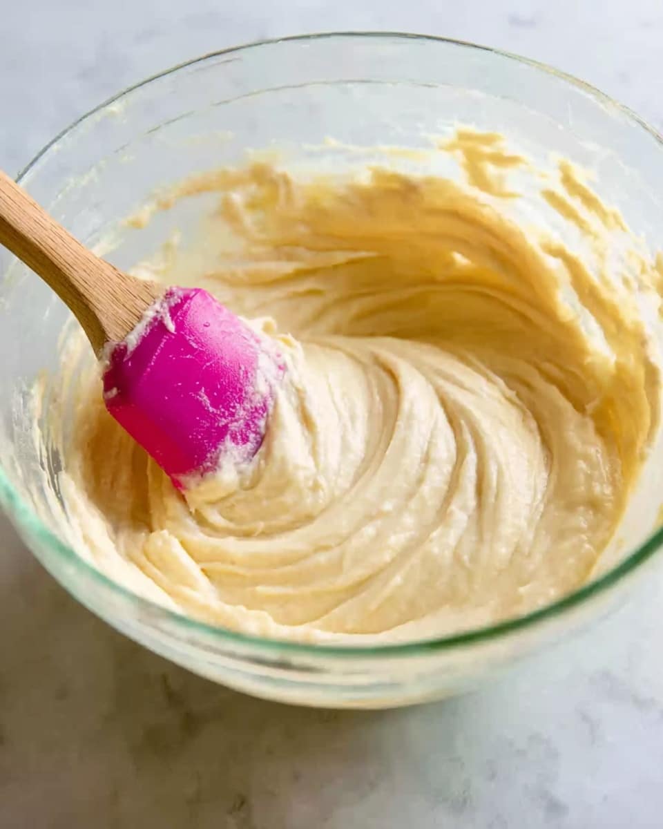 A close-up image showing a clear glass bowl filled with creamy, smooth, light yellow batter. Inside the bowl is a wooden spatula with a bright pink silicone head, coated with the thick batter. The texture of the batter looks soft and slightly glossy, with swirls created by stirring. The background surface is a white marbled texture. Photo taken with an iphone --ar 4:5 --v 7