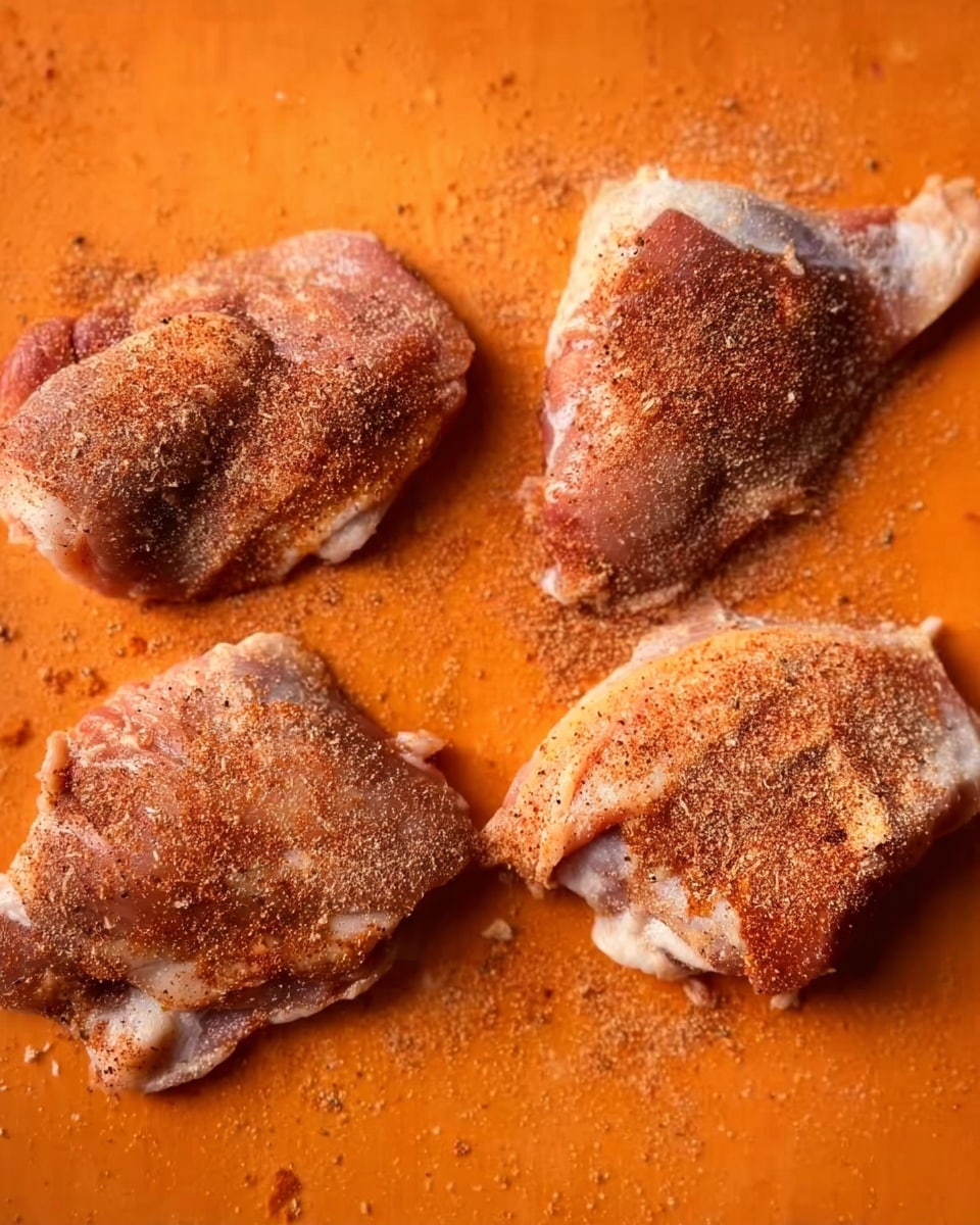 Four pieces of raw chicken thighs are placed on an orange surface. Each piece is thin and uneven in shape, covered with a reddish-brown spice mix sprinkled unevenly across the top. The chicken has some white fat visible along the edges, and the texture shows the raw, uncooked quality with slight moisture reflection. The orange surface contrasts with the chicken and seasoning, making the colors stand out. photo taken with an iphone --ar 4:5 --v 7