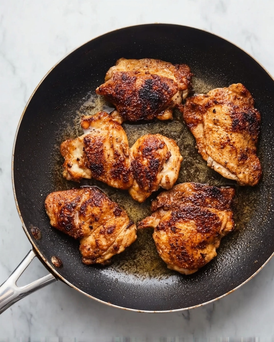 A black frying pan with a metal handle holds five pieces of cooked chicken with browned, crispy skin and some charred spots, showing a textured and slightly uneven surface. The pan rests on a white marbled surface, with little oil shimmer visible around the chicken pieces, giving a sense of fresh cooking. photo taken with an iphone --ar 4:5 --v 7