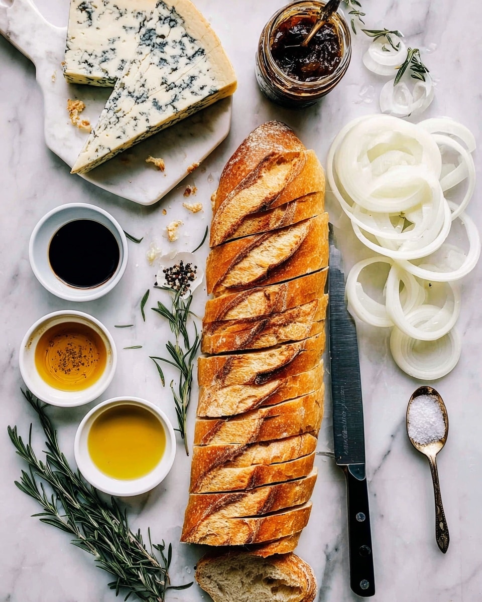 A long white baguette is sliced into about ten thick pieces arranged in a neat row on a white marbled surface, with the unsliced portion leaning to the left. A large knife with a black handle lies next to the slices, pointing up, on top of the slices and a white cutting board holding thin white onion rings fanned out to the right. Above the baguette slices is a wedge of blue cheese with blue veins and creamy white color. Around the bread are small white bowls: one with golden olive oil, one with black vinegar, one with crushed black pepper, and one with white salt. There is also an open jar of dark fig jam with a spoon inside it. Small sprigs of fresh green rosemary are placed around the ingredients. The surface underneath everything is white marble. Photo taken with an iphone --ar 4:5 --v 7