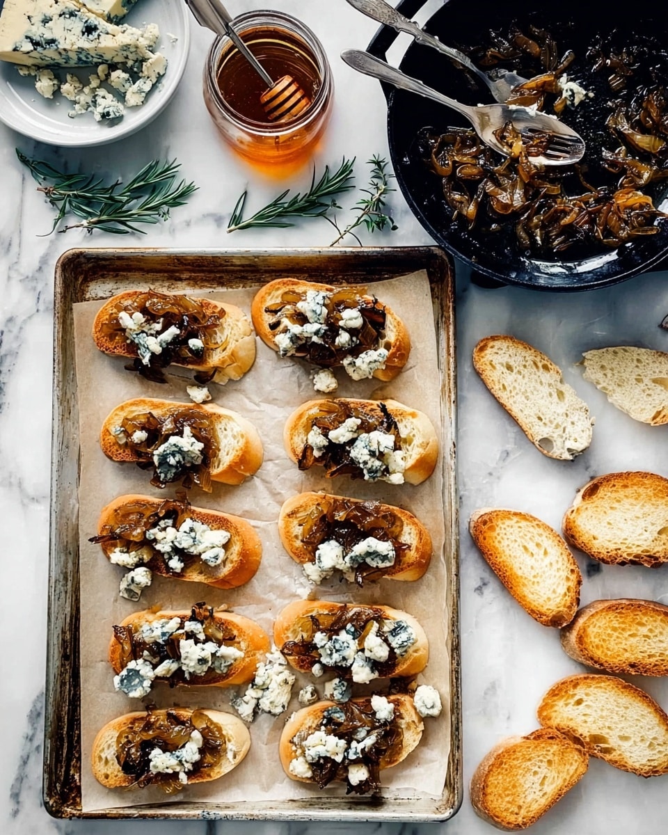The image shows a baking tray with 12 slices of toasted baguette arranged in a 3x4 grid on parchment paper. Each toast slice has a layer of caramelized onions, dark brown and soft, topped with crumbled blue cheese, white with blue veins, scattered unevenly. To the right side of the tray, there are four plain toasted slices without toppings. Above the tray, there is a black skillet with more caramelized onions and a fork resting inside. To the left, a wedge of blue cheese and a small white bowl with more crumbled cheese sit on the white marbled surface. Fresh green rosemary sprigs are scattered nearby, along with a jar of dark amber honey with a spoon inside. Photo taken with an iphone --ar 4:5 --v 7