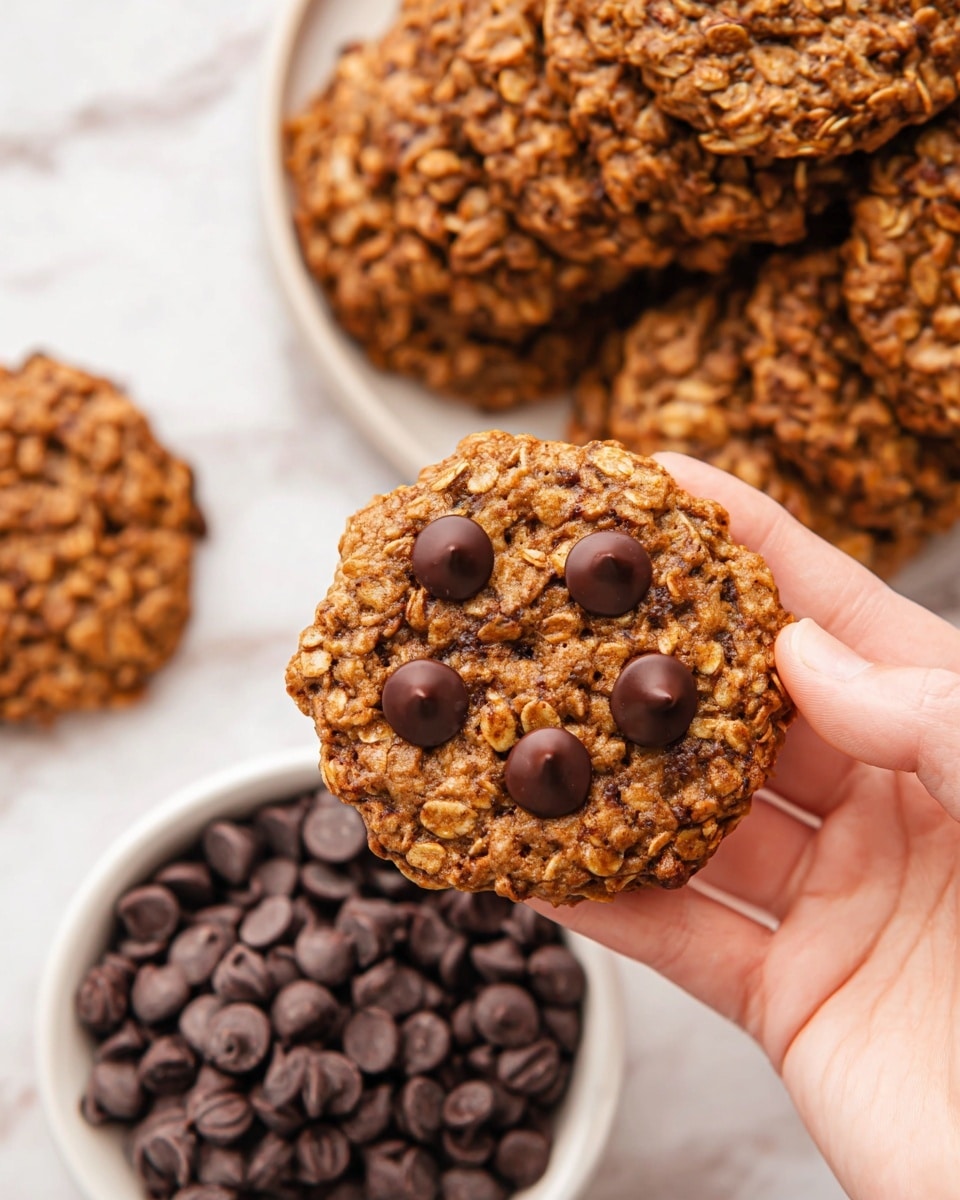 A woman's hand holds a round oatmeal cookie with a rough, textured surface showing whole oats and chocolate chips scattered on top, set against more cookies stacked in the background. The cookie is a warm golden-brown color with dark brown, smooth, round chocolate chips slightly sunk into the cookie. Below, a white bowl filled with shiny chocolate chips sits on a white marbled surface, creating a warm and inviting scene. photo taken with an iphone --ar 4:5 --v 7