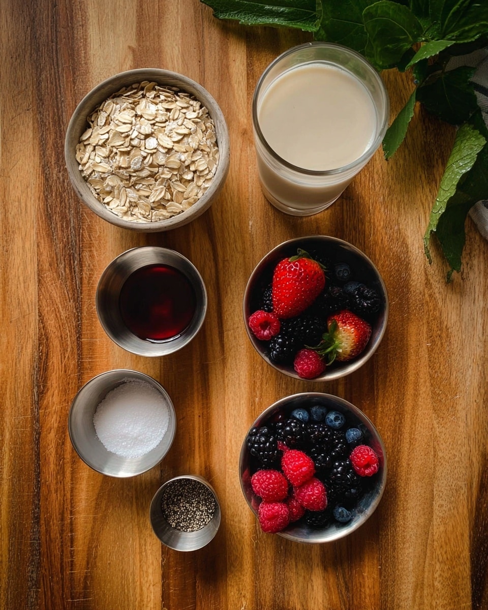 The image shows six small bowls and one tall glass placed on a wooden surface. The top left bowl contains light beige rolled oats with a smooth texture. To the right of it, there is a tall glass filled with creamy light beige milk. Below the oats, three small silver bowls hold dark brown liquid, likely syrup or vanilla extract, arranged in a triangle. At the bottom left, another small silver bowl contains white granulated sugar, and to the right of it, a small silver bowl is filled with coarse black pepper or seeds. The top right bowl is filled with fresh mixed berries, including bright red raspberries, dark blackberries, deep blue blueberries, and one strawberry with its green top. Green leafy cloth is partially visible at the top right corner. All items are set on a white marbled surface. Photo taken with an iphone --ar 4:5 --v 7