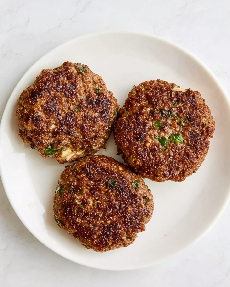 Three cooked brown meat patties with some green herbs mixed in are placed on a plain white round plate. The patties have a textured, slightly crispy surface with visible bits of seasoning throughout. The plate sits on a white marbled textured background. photo taken with an iphone --ar 4:5 --v 7