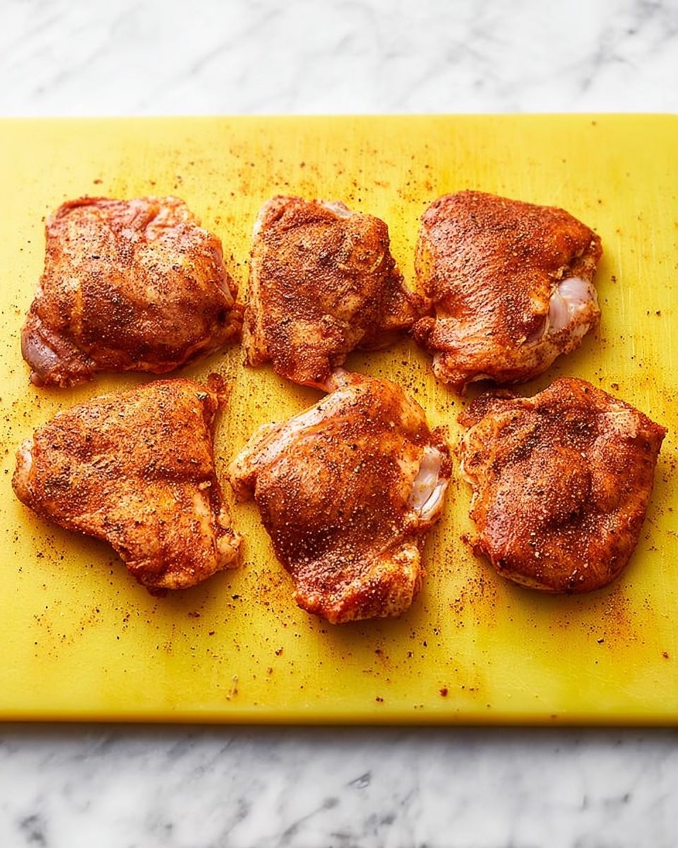 Five pieces of raw chicken thighs are spread out on a bright yellow cutting board, each piece covered in a reddish-brown spice rub with specks of darker seasoning. The chicken pieces show some variations in shape and size, with visible skin texture and a moist surface. The cutting board sits on a white marbled surface, giving a clean and simple background for the seasoned meat. Photo taken with an iphone --ar 4:5 --v 7