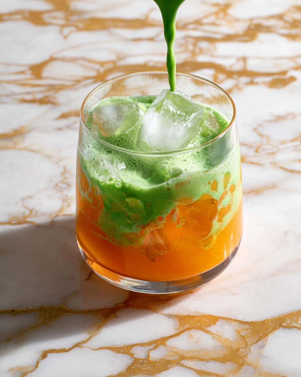 A clear glass filled with large ice cubes is shown on a white marbled surface with gold veins. The glass contains a bright orange liquid as the base layer. A green liquid is being poured from above, creating swirling patterns as it mixes with the orange. The green layer is foamy and vibrant, sitting on top of and slightly mixing into the orange layer. photo taken with an iphone --ar 4:5 --v 7