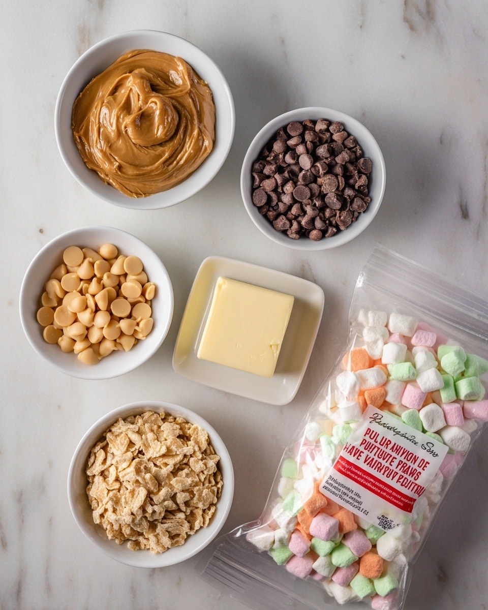 The image shows five small white bowls and one open bag on a white marbled surface. The top left bowl holds smooth, thick peanut butter in a shiny light brown color. The top right bowl contains dark brown chocolate chips, loosely piled. Center bowl has a square of pale yellow butter with some soft texture. Bottom left bowl is filled with light tan butterscotch chips, rounded and glossy. The small bowl at bottom center holds a scoop of pale beige crisped rice cereal with a rough, uneven surface. On the right, a clear bag filled with soft pastel mini marshmallows is partially open, showing pink, green, orange, and yellow pieces. Photo taken with an iphone --ar 4:5 --v 7