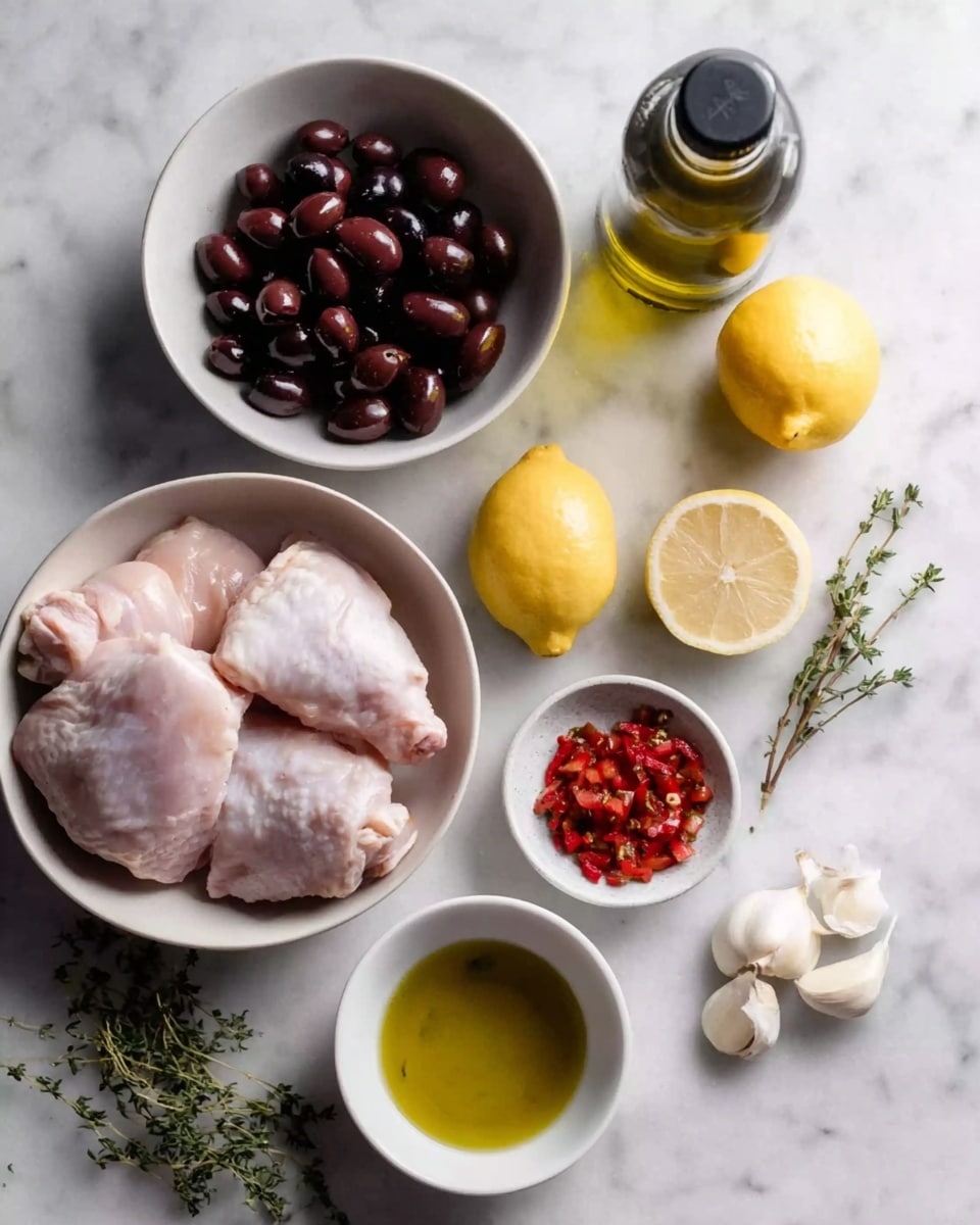 The image shows several ingredients placed on a white marbled surface. There are two raw chicken thighs with skin in a white bowl at the bottom left. Above the chicken, in another white bowl, are dark purple olives. To the right of the olives, there is a clear glass bottle of olive oil with a black cap. Two lemon halves are placed next to each other just below the bottle of oil. Beside the lemons, there is some sprigs of fresh thyme. To the far right near the thyme, there is a whole garlic bulb, and just above it, a few cloves of peeled garlic. Below these, a small white bowl contains olive oil with some herbs in it. Lastly, in the center between garlic and lemons, there is a small white bowl with finely chopped red peppers. Photo taken with an iphone --ar 4:5 --v 7