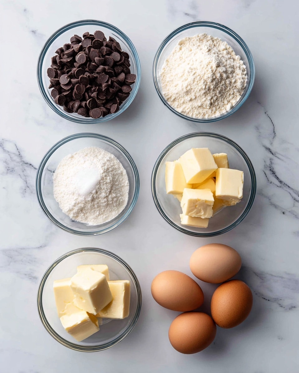 The image shows six small clear glass bowls arranged on a white marbled surface, each holding a different baking ingredient: one with dark chocolate chips, one with flour, one with butter cubes, one with cream, and one with sugar. Next to the bowls are four brown eggs placed close together. The labels for each ingredient are in simple dark blue boxes with white text, positioned near their corresponding bowls or eggs. photo taken with an iphone --ar 4:5 --v 7