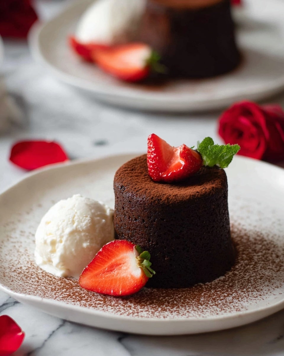 The image shows a small dark brown chocolate cake with a smooth texture standing tall on a white plate. The cake has a dusting of cocoa powder on top and a sliced red strawberry placed gently on it. Next to the cake on the plate is a scoop of white ice cream with a creamy texture and another sliced red strawberry leaning against the cake. The background is a white marbled surface with a second white plate holding another chocolate cake slightly blurred in the back. Some strawberry pieces and red rose petals are scattered lightly around the plates. Photo taken with an iphone --ar 4:5 --v 7