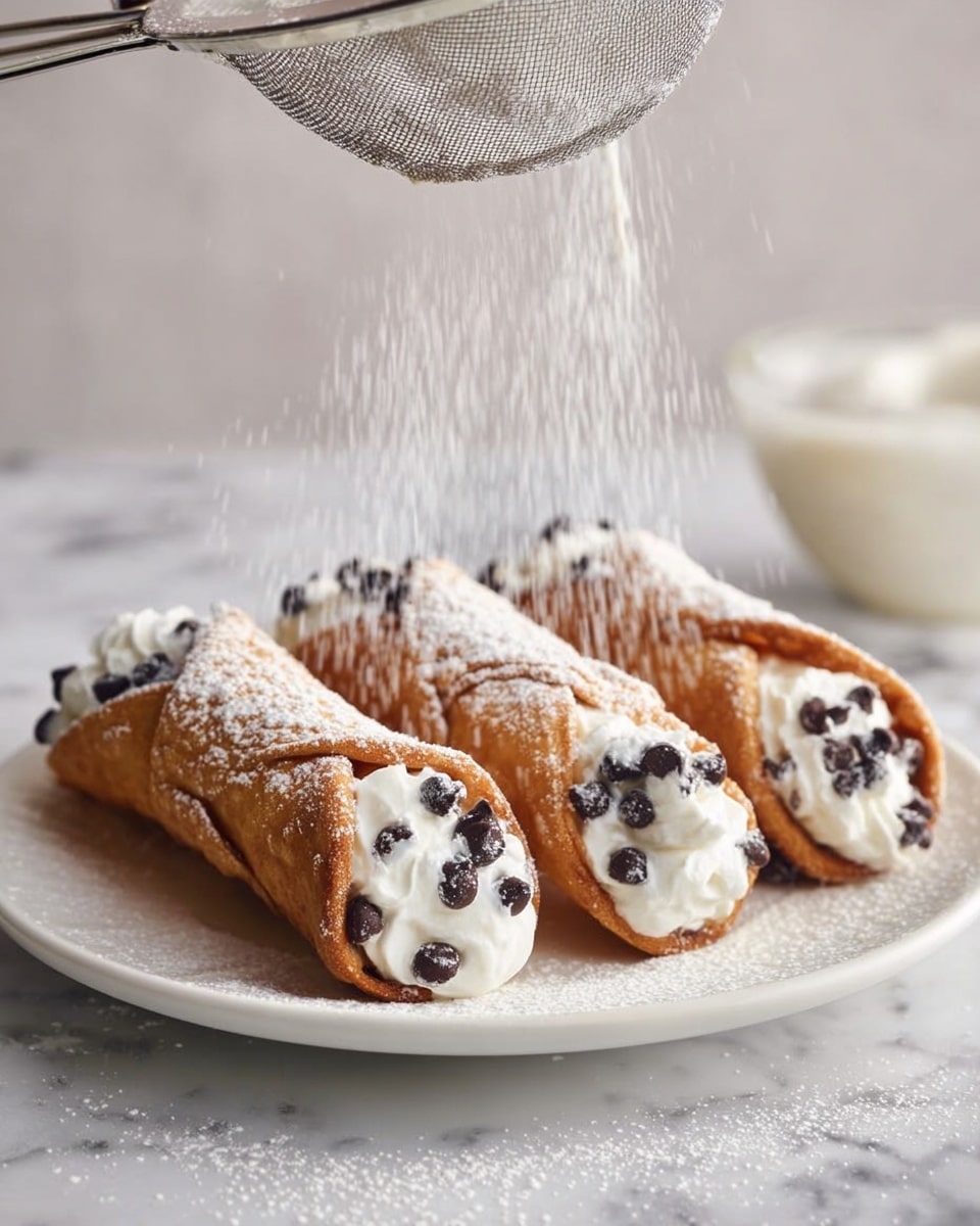 Three golden brown cannoli shells lie side by side on a white plate, each filled with smooth, creamy white ricotta filling that peeks out of both ends. The white filling is studded with dark chocolate chips that add texture and contrast. Powdered sugar is being sprinkled from a metal sieve held above, creating a soft dusting that lands gently on the shells and filling. The plate sits on a white marbled surface with a soft, blurred white background, giving the image a clean and fresh look. photo taken with an iphone --ar 4:5 --v 7