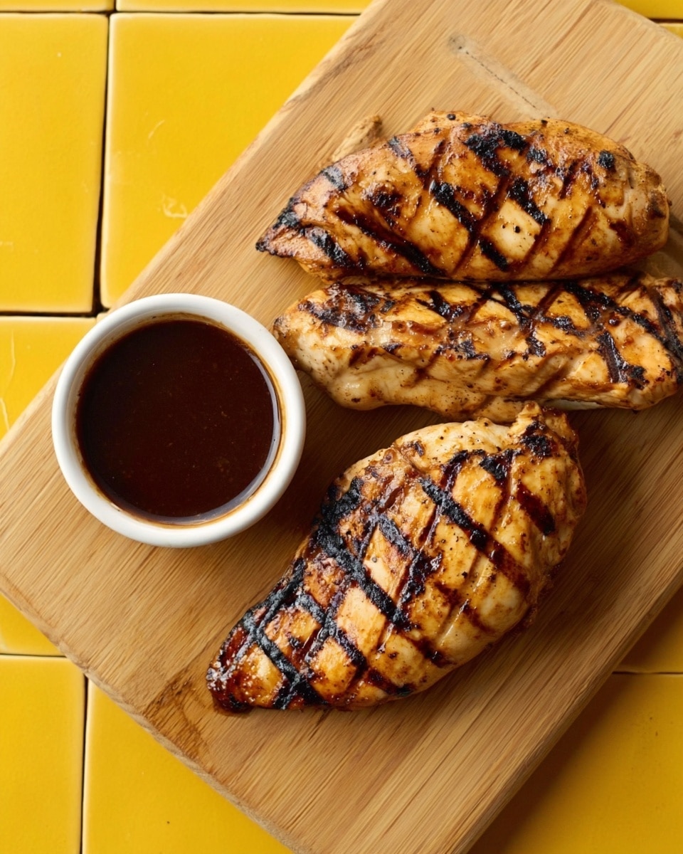 The image shows three pieces of grilled chicken with clear dark grill lines, arranged on a light wooden board. The chicken pieces have a golden brown color with some charred spots. Next to them is a small round white bowl filled with dark brown sauce. The background features a yellow tiled surface. photo taken with an iphone --ar 4:5 --v 7