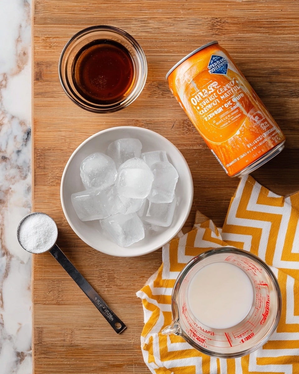 The image shows five items arranged on a wooden surface with a white marbled texture in the background. In the center, there is a small white bowl filled with clear ice cubes. To the top left of the bowl, there is a small clear glass dish containing a dark brown liquid. Above the bowl of ice, there is a can of orange juice concentrate with bright orange and white colors and text on it. To the left of the bowl, a metal measuring spoon holds white granulated sugar. To the right side, a clear glass measuring cup with red markings contains a white liquid, placed on top of a yellow and white chevron-patterned cloth. Photo taken with an iphone --ar 4:5 --v 7