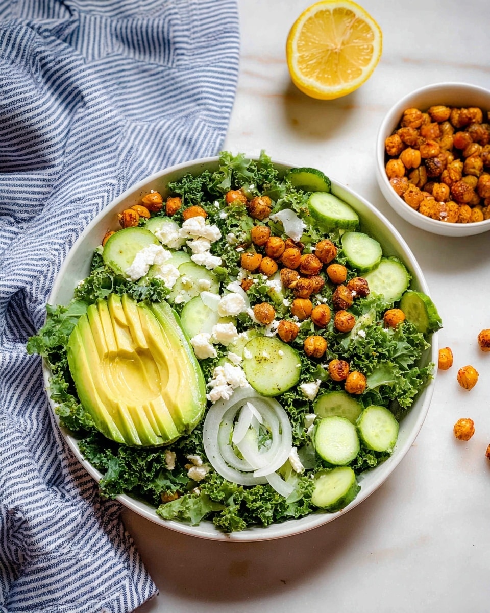A shallow white bowl filled with a fresh salad sits on a white marbled surface. The bottom layer is bright green curly kale, topped with light green avocado slices placed on two sides of the bowl. Thin, white onion slices and pale green cucumber slices are spread evenly over the kale. Small, golden-brown roasted chickpeas are scattered across the salad, along with small white crumbles of cheese. Next to the bowl is half a lemon, showing its yellow interior, and a small white bowl filled with more roasted chickpeas. A blue-and-white striped cloth is casually placed behind the bowl. The photo taken with an iphone --ar 4:5 --v 7