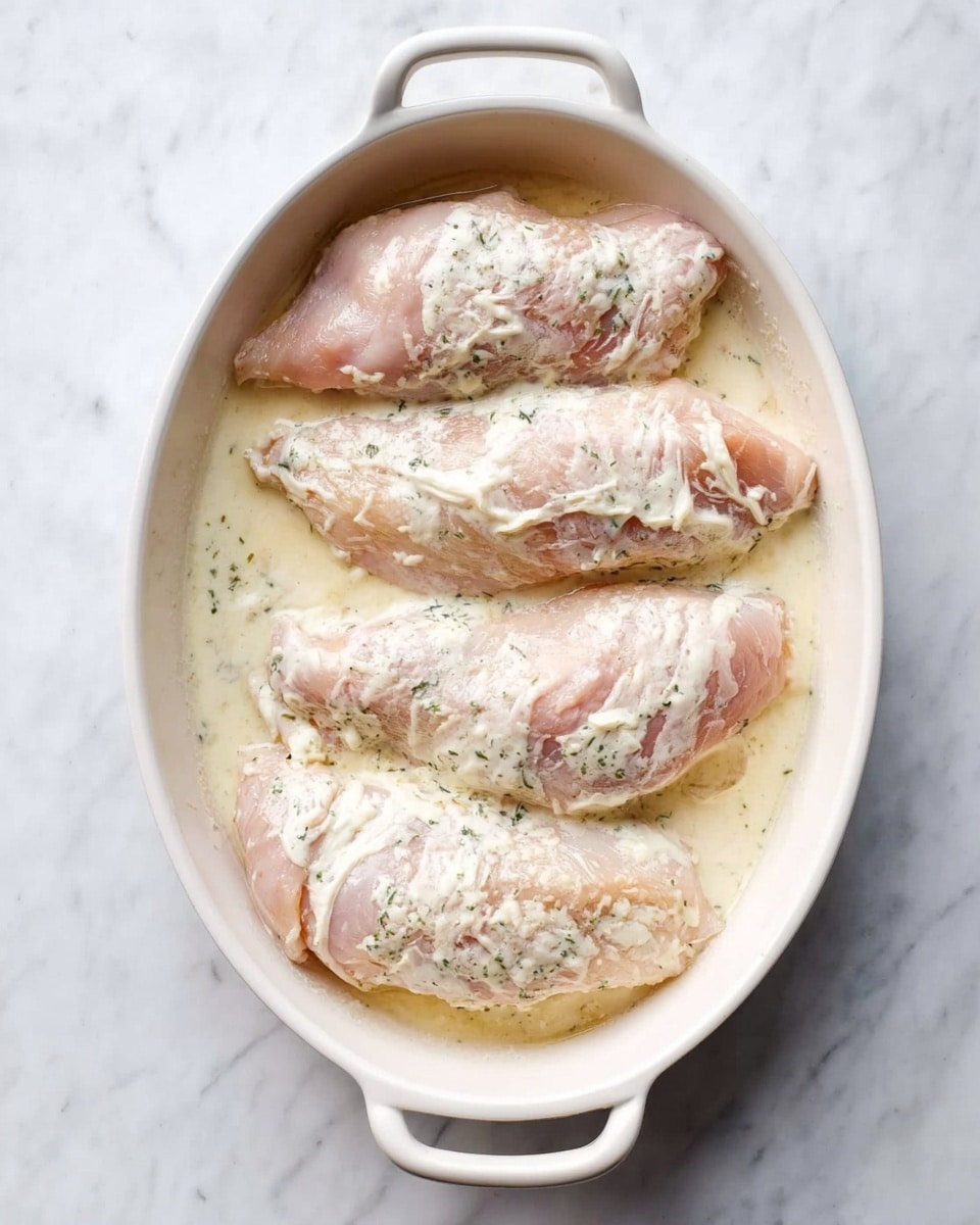 Four raw chicken pieces are spread out in a white oval baking dish filled with a creamy white sauce. Each chicken piece is light pink with a thick layer of white, smooth sauce covering the top. The dish is placed on a white marbled surface showing soft grey and pale pink veins. The edges of the baking dish have a clean white finish and two rounded handles are visible on the sides. photo taken with an iphone --ar 4:5 --v 7