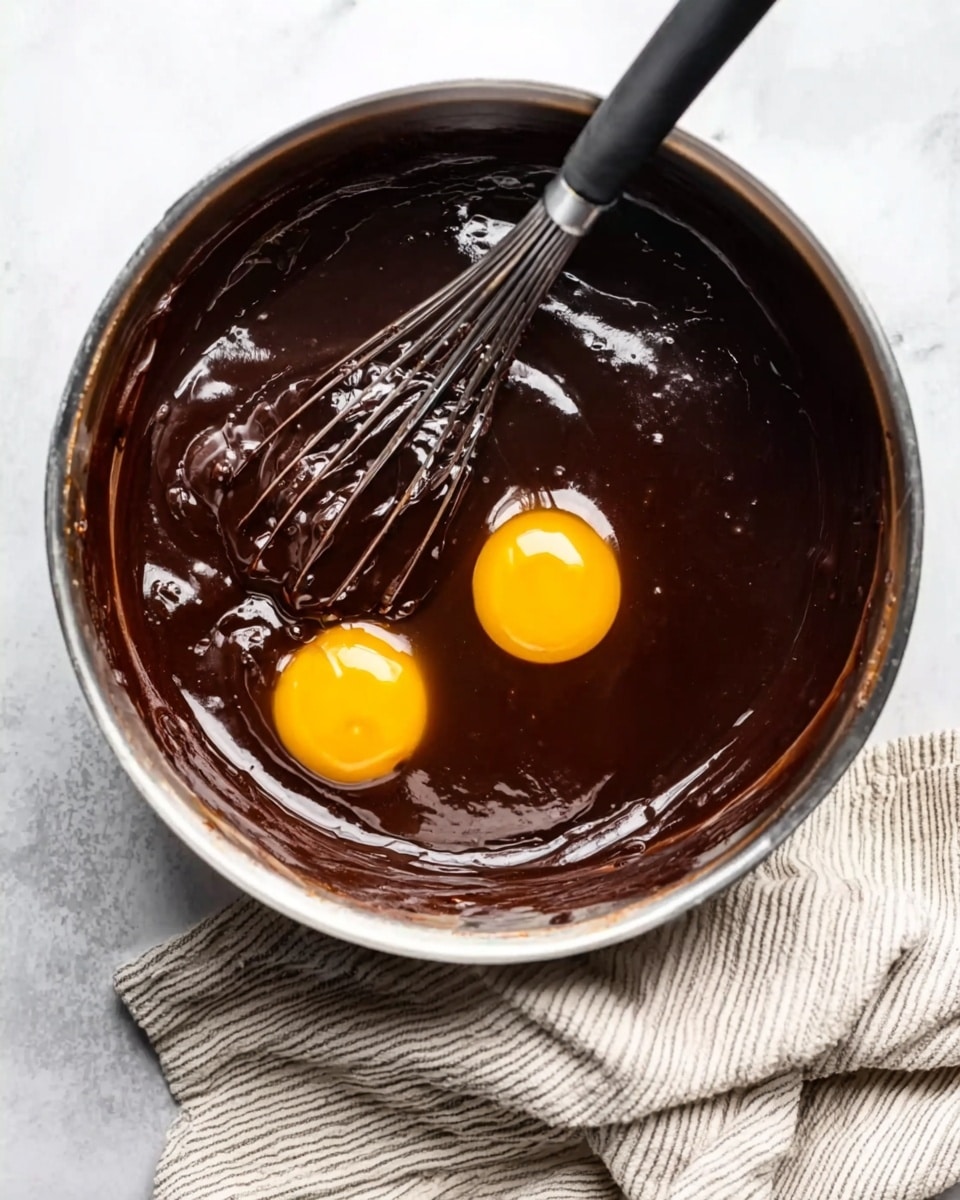 A close-up top view of a round metal bowl filled with dark, smooth chocolate batter with two whole egg yolks sitting on top. A black whisk is partially immersed, stirring the mixture, showing the thick, glossy texture of the batter. The bowl rests on a white marbled surface with a light grey and white striped cloth visible on the right side. The scene suggests a baking preparation. photo taken with an iphone --ar 4:5 --v 7