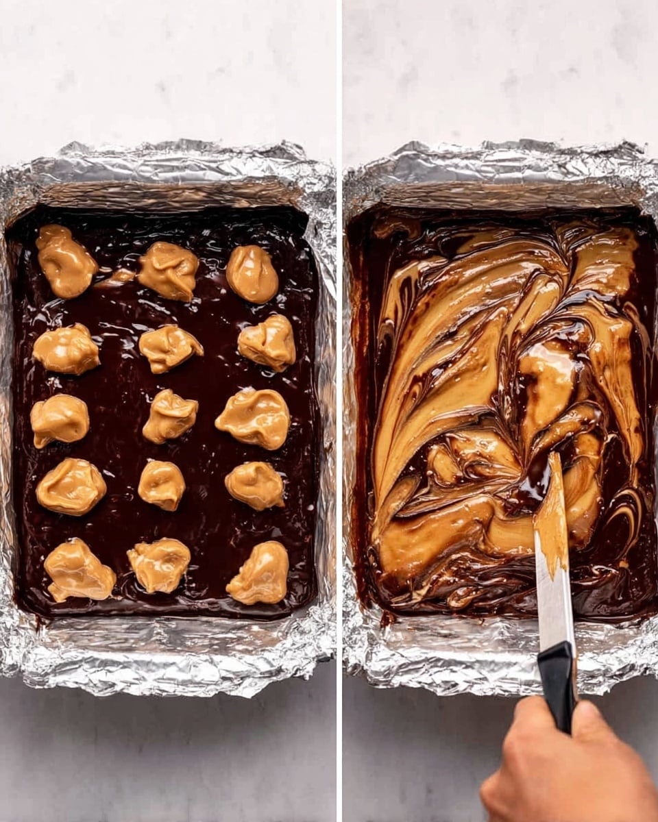 The image shows two side-by-side photos of a dessert being prepared in a square foil-lined pan. On the left, the first layer is dark, shiny chocolate batter spread evenly in the pan. On top, there are many small dollops of creamy, light brown peanut butter scattered all over the surface. On the right, the peanut butter is partly mixed into the chocolate with a knife, creating swirls of dark brown and light brown colors on the smooth surface. A woman's hand holding the knife is visible, swirling the layers together. The pan rests on a white marbled surface. photo taken with an iphone --ar 4:5 --v 7