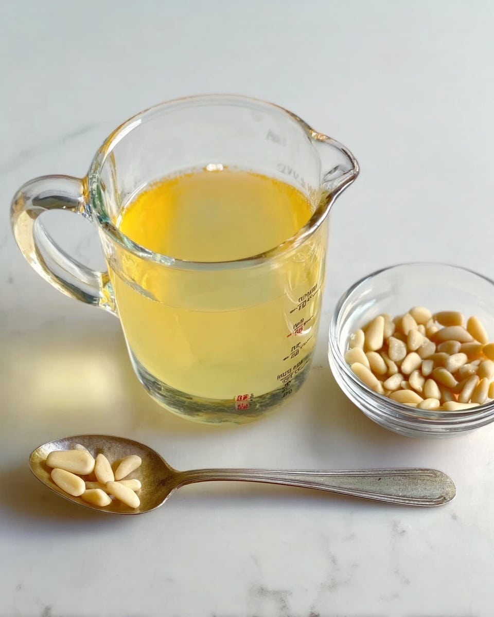 The image shows a clear glass measuring cup filled with a pale yellow liquid, placed on a white marbled surface. Next to it is a small clear glass bowl containing a few light tan pine nuts. In front of both is a silver spoon holding some of the pine nuts. The scene is simple with three main items arranged close together. photo taken with an iphone --ar 4:5 --v 7