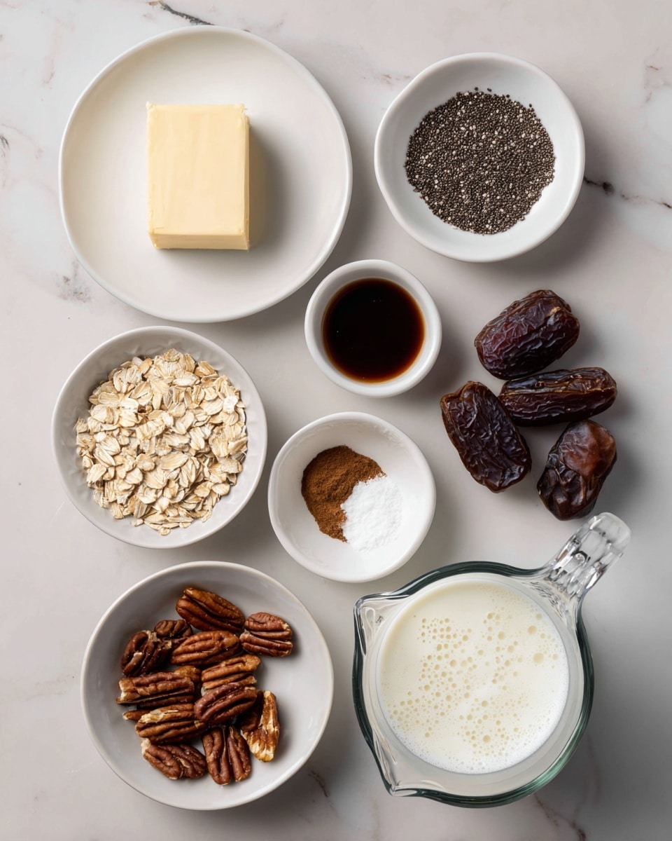 The image shows eight small bowls and plates arranged on a white marbled surface, each holding a different ingredient. Starting at the top center, there is a white plate with a square piece of pale yellow butter. To its right, a small white bowl contains black chia seeds. Below that, a small white bowl holds a dark brown liquid labeled vanilla extract. Near the bottom center, a white bowl is filled with light beige oats. To the left of the oats, a small white bowl has a mix of white salt and brown cinnamon. Above that, a white plate contains dark brown pecans. Near the center, three dark brown dates are placed directly on the white marbled surface. Finally, to the right of the dates, a clear measuring jug is filled with white milk with foam bubbles on top. The arrangement is neat and each ingredient is clearly visible. photo taken with an iphone --ar 4:5 --v 7