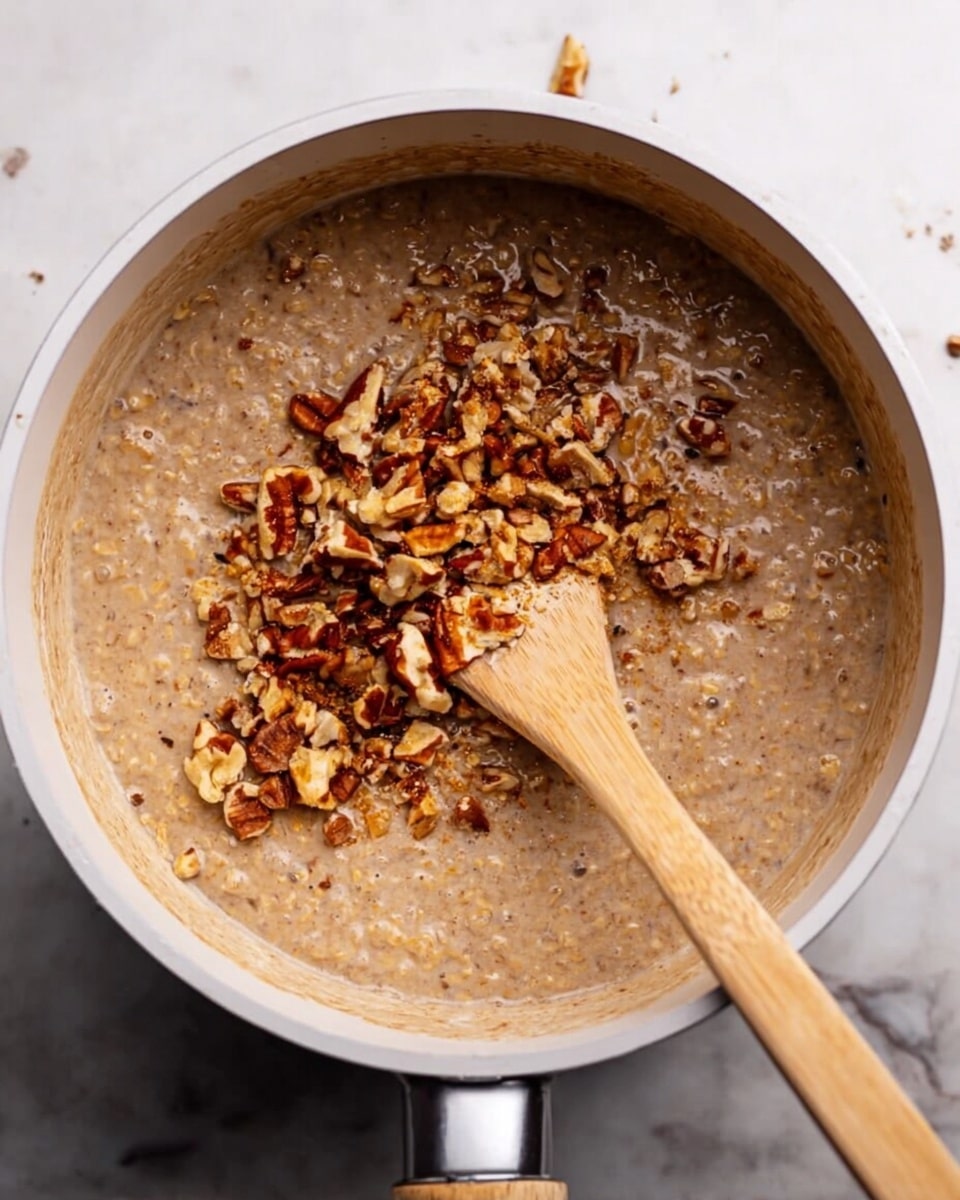 A white pot filled with a thick, light brown mixture that looks creamy and slightly lumpy, with visible grains or seeds. On top of the mixture, there is a scattering of roughly chopped nuts that add a rough texture and deeper brown color. A wooden spoon rests in the pot, partly covered with the mixture and nuts. The pot handle is made of light wood and metal. The background is a white marbled surface. Photo taken with an iphone --ar 4:5 --v 7