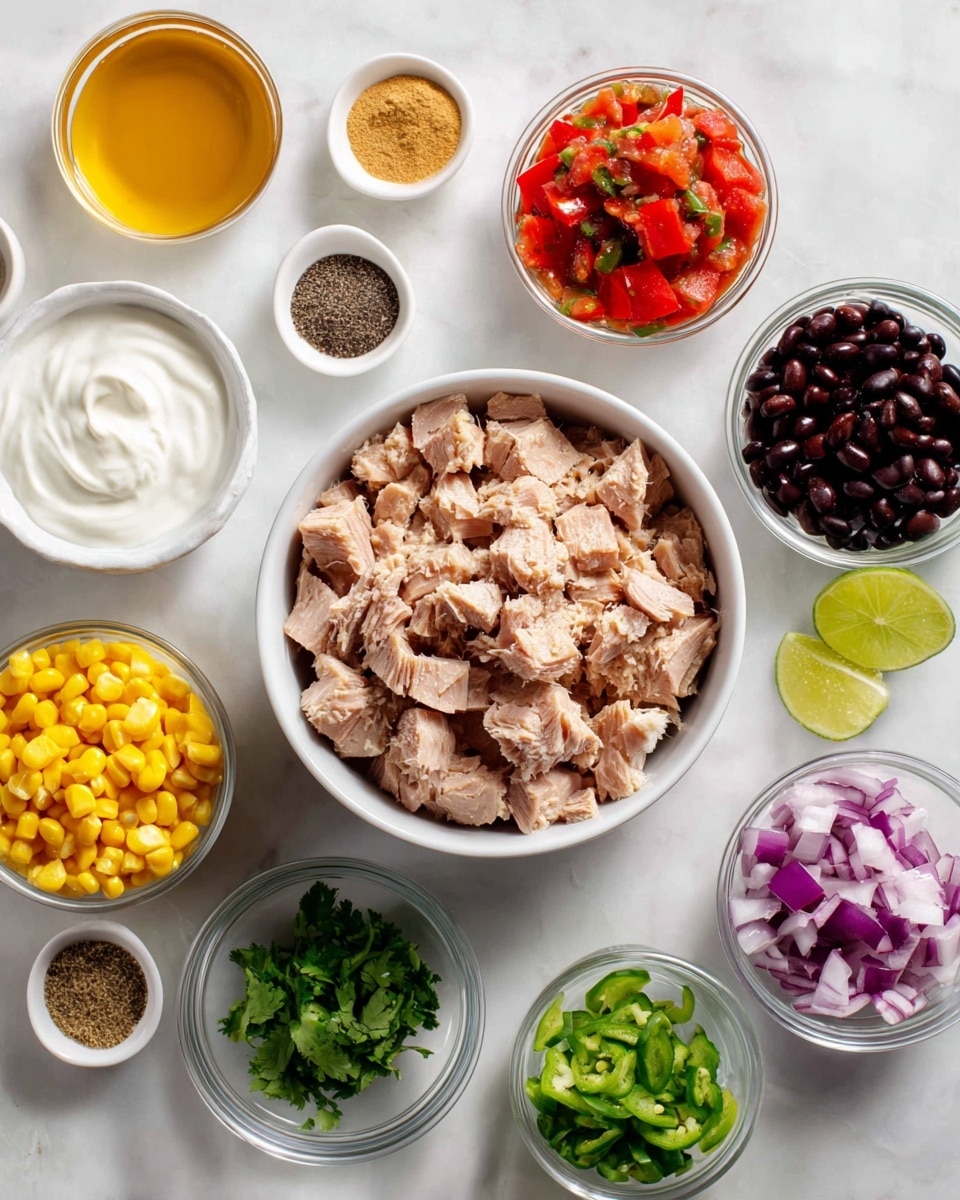 A white bowl filled with chunked light brown canned tuna is in the center on a white marbled surface. Surrounding it are small white bowls and clear glass bowls arranged in a loose circle: to the left, white bowls hold black pepper, garlic powder, cumin, chili powder, and Greek yogurt which is creamy white in color, along with salsa that is red with green and orange bits; to the right, clear bowls show bright red chopped red bell pepper, black beans, deep purple chopped red onion, and yellow corn kernels; below are smaller white and clear bowls with salt, green chopped cilantro, light green jalapeño pieces, and pale yellow lime juice. A small white bowl with golden honey is near the top left of the tuna bowl. The whole setup has a bright, clean look. photo taken with an iphone --ar 4:5 --v 7