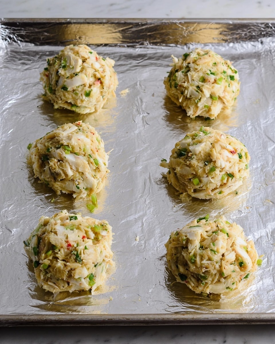 Six raw crab cakes are placed in two rows on a white marbled countertop, on a white foil-lined baking sheet. Each crab cake is formed into a round, thick mound with a rough texture showing visible chunks of white crab meat mixed with pale yellow batter and small bits of green herbs. The foil underneath is shiny and crinkled, reflecting some light. The image shows an overhead view, with even spacing between each crab cake. Photo taken with an iphone --ar 4:5 --v 7