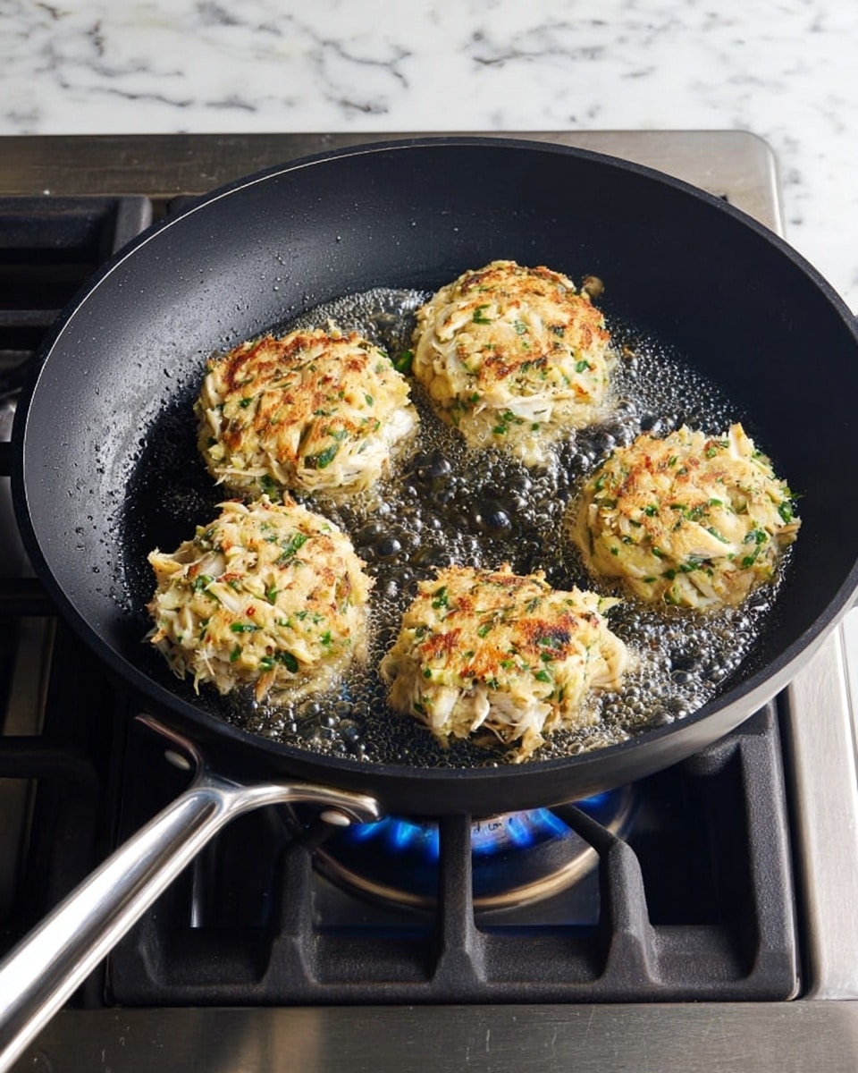 In the image, five round patties of crab cake are frying in a black non-stick pan placed on a gas stove with a blue flame visible beneath. The crab cakes have a mix of off-white shredded crab meat and green herbs, bound together with a light yellow batter, giving them a chunky and moist texture. Small bubbles of hot oil surround the crab cakes as they cook, with the pan handle extending towards the left side. The stove is set against a white marbled countertop, providing a clean kitchen setting. photo taken with an iphone --ar 4:5 --v 7