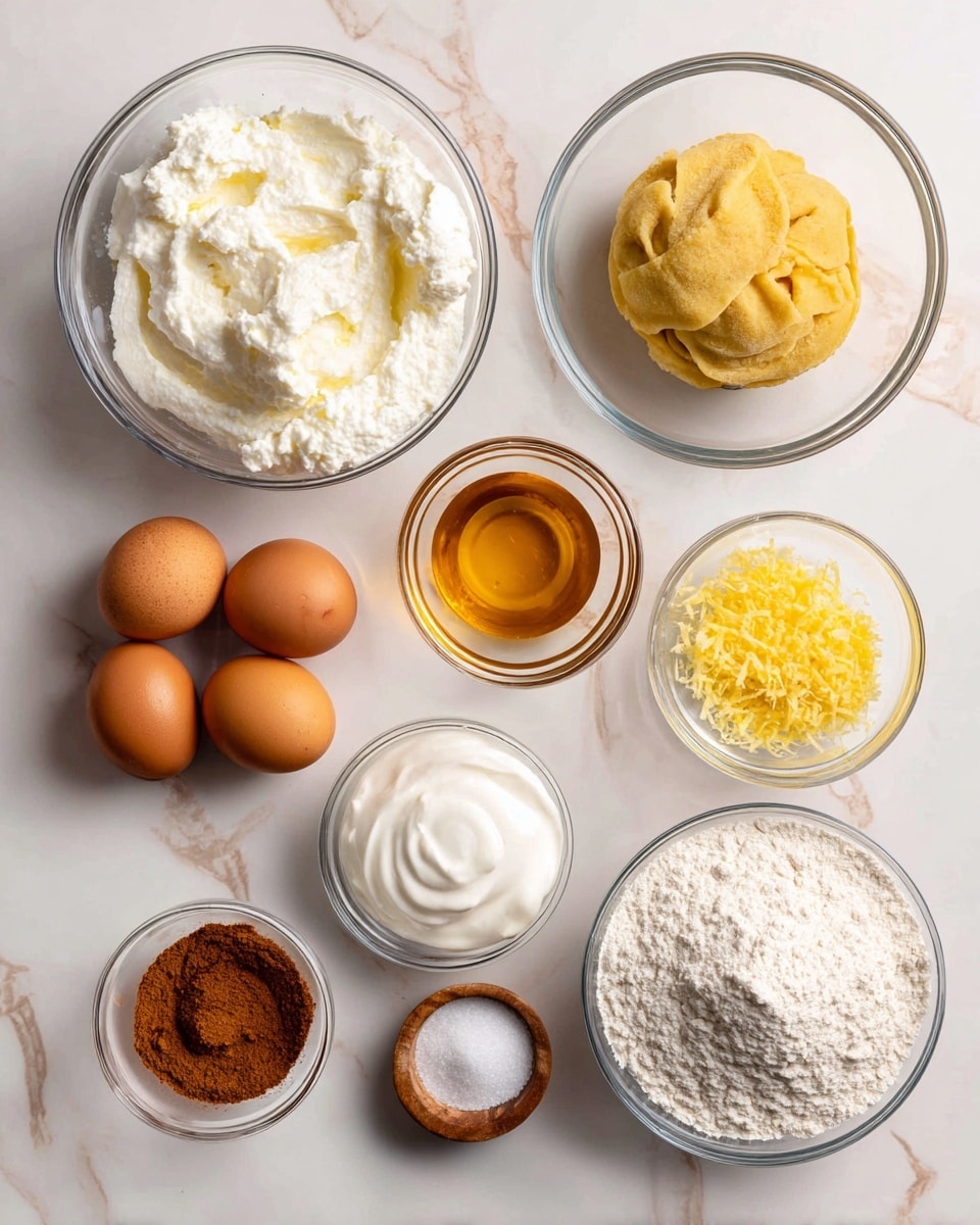 The image shows several clear glass bowls and a white bowl arranged on a white marbled surface. The largest clear bowl holds white ricotta, which looks creamy and soft. Next to it is a round ball of yellow pasta frolla dough. A small clear bowl in the center contains a golden-amber liquid labeled vanilla. A white bowl holds four brown eggs. Another clear glass bowl has thick white sour cream. A tiny wooden bowl contains coarse salt. There is a small clear bowl with bright yellow lemon zest, another with white flour, and a third with white sugar. On the bottom left, a very small clear bowl holds ground cinnamon with a warm brown color. The text labels are placed near each ingredient. The photo taken with an iphone --ar 4:5 --v 7