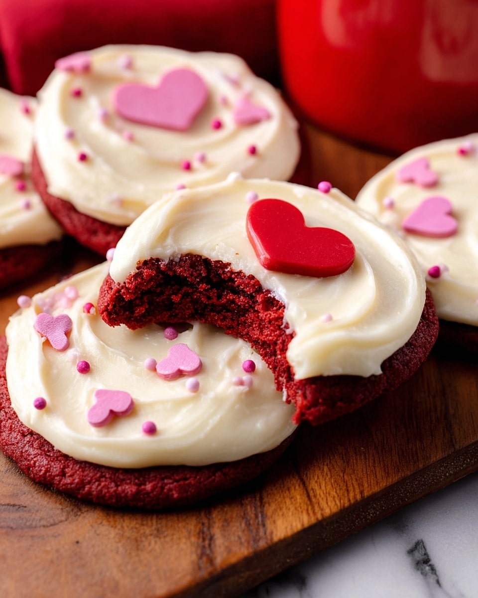 The image shows several round red velvet cookies, each topped with a thick layer of smooth, creamy white frosting. The frosting is spread evenly on the top and decorated with small, flat pink heart-shaped sprinkles and one larger red heart-shaped candy in the center. One cookie in the middle has a bite taken out of it, revealing a moist, dense red interior. The cookies are placed on a wooden surface with a blurred red object in the background, all on a white marbled texture. photo taken with an iphone --ar 4:5 --v 7