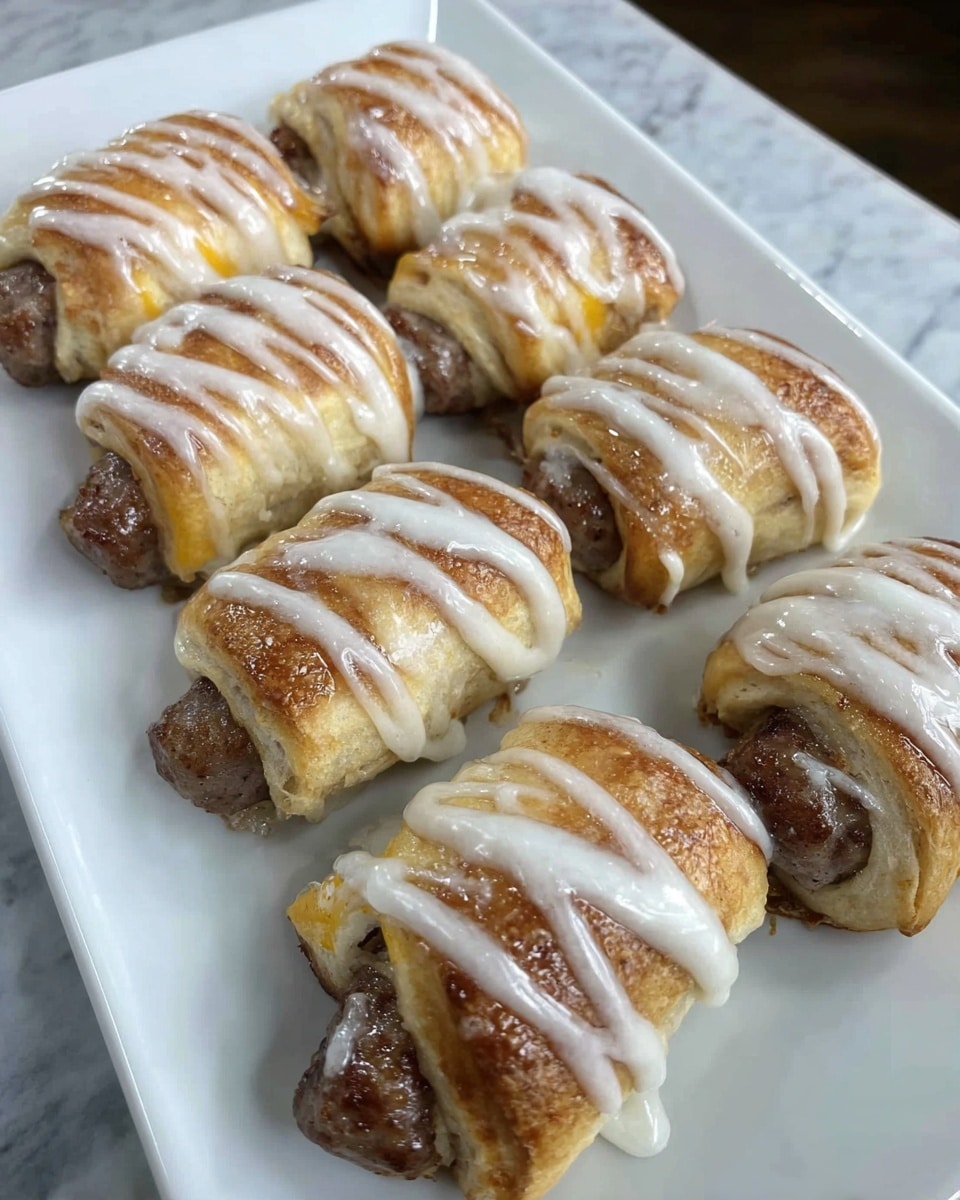 The image shows a white rectangular plate with eight small sausage rolls arranged in two rows of four. Each roll has a golden-brown, slightly crispy dough wrapped around a piece of cooked sausage, with some sausage ends visible. A white glaze is drizzled in thin stripes over the top of each roll. The plate is on a white marbled surface. photo taken with an iphone --ar 4:5 --v 7