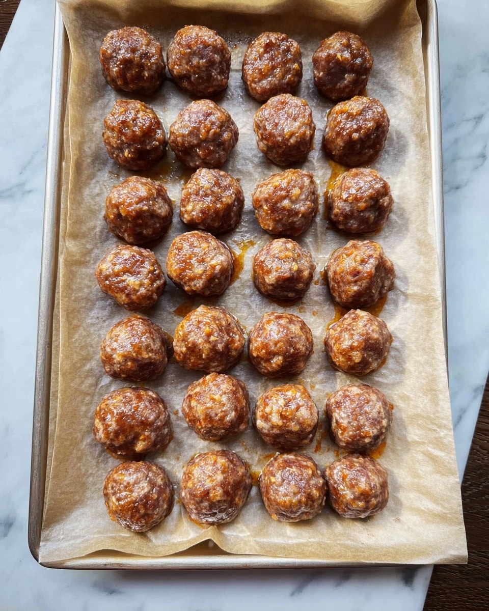 A baking tray lined with parchment paper is filled with seven neat rows of evenly sized meatballs. Each meatball is round and cooked with a textured surface that shows a mix of brown and slightly reddish tones, indicating seasoning and cooking. The tray is placed on a white marbled surface, and the lighting highlights the shiny, slightly oily finish of the meatballs, giving them a warm appearance. photo taken with an iphone --ar 4:5 --v 7