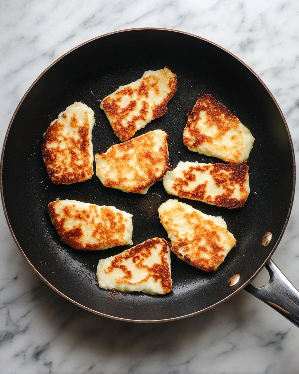A black frying pan sits on a white marbled surface, containing eight pieces of golden-brown cheese slices. Each slice has a lightly crisp and unevenly browned texture on the top side, with soft white edges contrasting the browned areas. The cheese pieces are arranged in a loose circle inside the pan, showing various sizes, some with slightly irregular shapes. The pan's surface shows slight specks and a non-stick texture with a handle partly visible on the right side. photo taken with an iphone --ar 4:5 --v 7