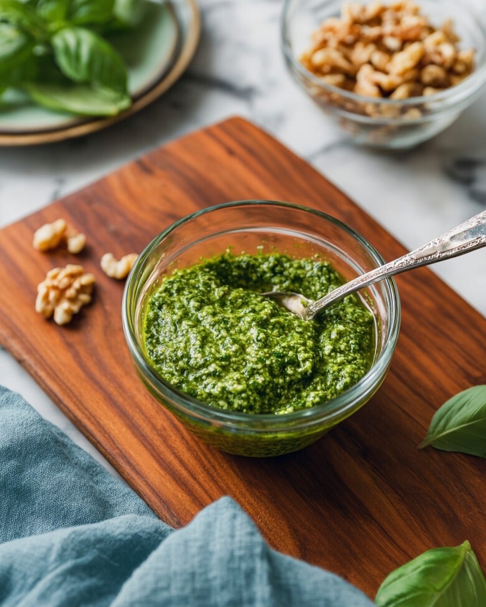 A clear glass bowl full of green pesto sauce with a thick, coarse texture sits centered on a wooden cutting board, a silver spoon in the bowl with its handle pointing to the upper left. In the background, a smaller clear glass bowl filled with walnut pieces is placed slightly out of focus, behind and slightly above the pesto bowl. To the upper left, there is a plate with fresh green basil leaves. The lower left corner shows part of a soft blue cloth. The whole scene is set on a white marbled surface. photo taken with an iphone --ar 4:5 --v 7