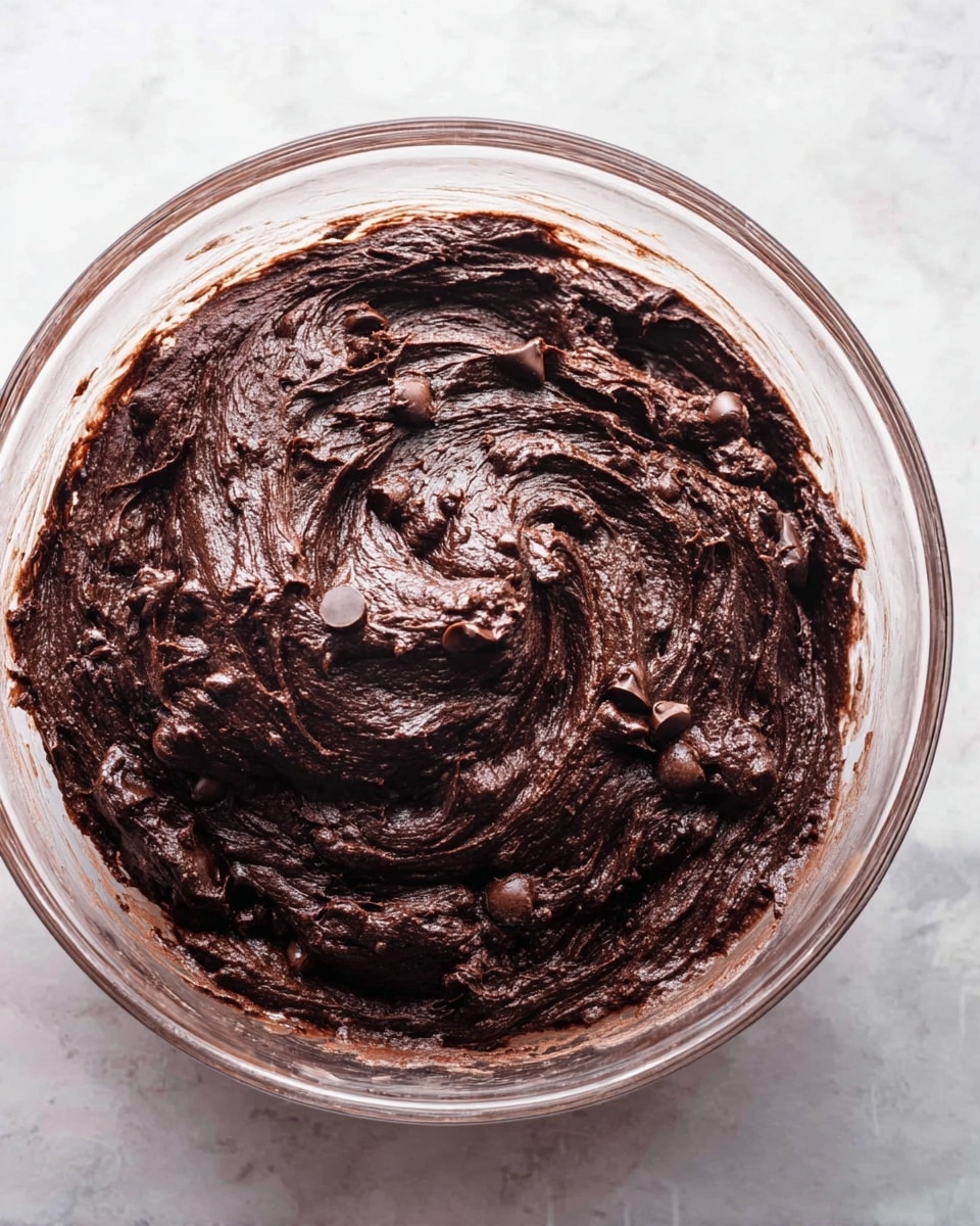 A thick, dark chocolate batter with visible chunks is swirled inside a clear glass bowl, showing a rich and slightly glossy texture. The batter appears dense and unevenly spread with soft peaks and folds, placed on a white marbled surface. Photo taken with an iphone --ar 4:5 --v 7