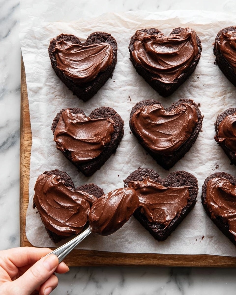 Seven heart-shaped brownies are placed on white baking paper over a wooden board, each with a dark brown, crispy top layer. Four of the brownies have a thick, glossy layer of chocolate frosting with a smooth, swirled texture on top. A woman's hand holds a spoon spreading more of the shiny chocolate frosting over one brownie in the lower left. The background is a white marbled surface. photo taken with an iphone --ar 4:5 --v 7