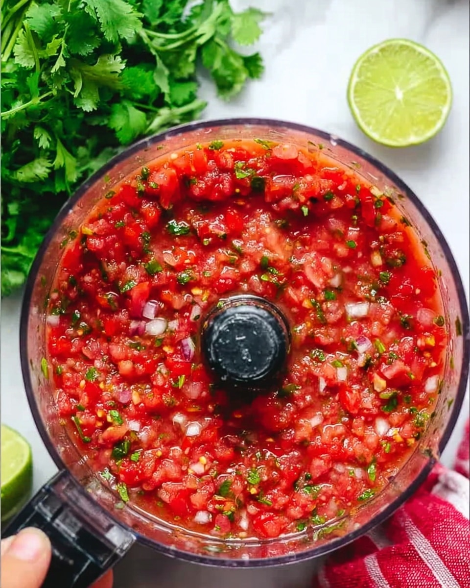 The image shows a close-up top view of a transparent food processor bowl filled with bright red salsa. The salsa consists of finely chopped tomatoes, green herbs, and small bits of white onion. Around the food processor, there's a bunch of fresh green cilantro at the top left and a sliced lime with a bright green inside on the top right. A woman's hand holds the food processor on the left edge of the image, and a red and white cloth is visible on the bottom right corner. Everything is placed on a white marbled surface. photo taken with an iphone --ar 4:5 --v 7