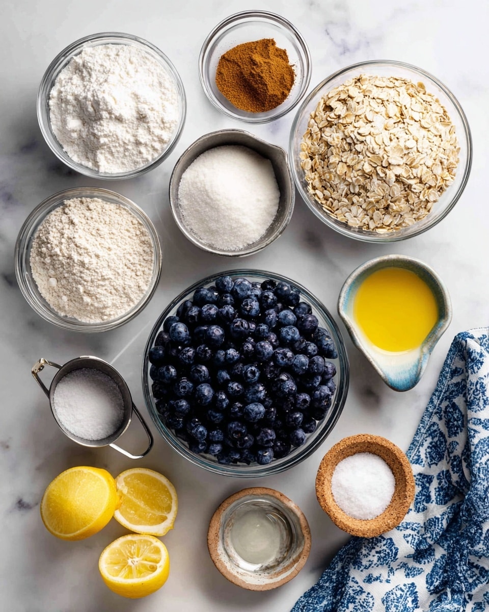 A collection of clear and metal bowls with ingredients arranged neatly on a white marbled surface. In the center, a large clear glass bowl is filled with dark blue, fresh blueberries. Surrounding it are smaller clear glass bowls with white flour, white sugar, and white cornstarch. A metal measuring cup holds light brown oats, with light brown brown sugar in a similar metal cup beside it. A small clear bowl contains brown cinnamon powder, and a measuring glass pitcher holds light yellow melted butter. A small round cork bowl has white baking powder, and a small metal bowl holds white salt. Two bright yellow lemon halves are placed near the bottom left, and a folded blue and white patterned cloth is on the right side. All ingredients are clearly marked with bold black and white labels. Photo taken with an iphone --ar 4:5 --v 7
