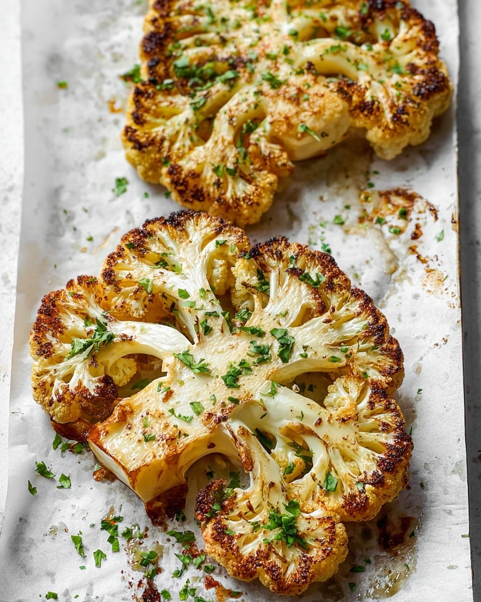 Two large cooked cauliflower slices lie flat on white baking paper over a baking tray. Each slice shows a thick stem base with multiple small, bumpy florets branching out, all golden brown with darker roasted spots. Fresh green chopped herbs are sprinkled over the top and scattered around the tray. The cauliflower's texture looks crispy on the edges and tender inside. The scene is set on a white marbled texture surface. photo taken with an iphone --ar 4:5 --v 7
