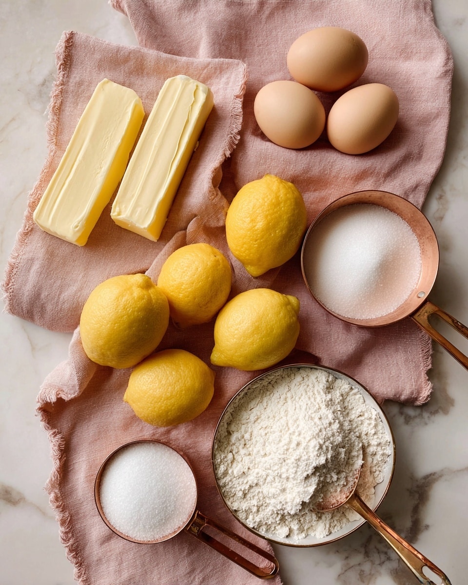 The image shows ingredients for baking arranged on a soft pink cloth laid over a white marbled surface. At the top left, there are two sticks of pale yellow butter placed side by side. Below the butter, a pile of light brown eggs is neatly grouped. In the center, a cluster of six bright yellow lemons creates a lively color contrast. To the right, a copper measuring cup filled with white powdered sugar sits near the lemons, and below it, another copper measuring cup holds white flour. At the bottom left, a copper spoon filled with fine white salt lies alongside a measuring cup filled with granulated white sugar. The textures vary from smooth eggs and bright lemons to fine powders in the cups. Photo taken with an iphone --ar 4:5 --v 7
