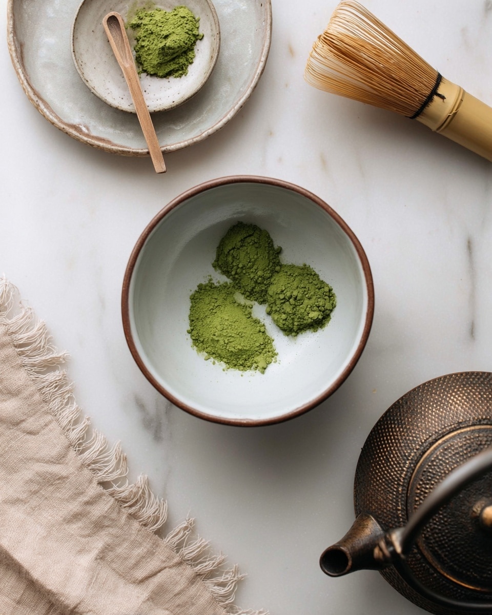 A white bowl with a thin brown rim sits in the center on a white marbled surface, holding two small piles of bright green matcha powder. Above the bowl is a small ceramic dish containing more matcha powder and a small wooden scoop placed across it. To the right, a bamboo whisk stands upright, and in the bottom right corner, the spout of a dark metallic kettle is visible. A beige cloth with a frayed edge lies on the left side near a closed tan and gold tin container. photo taken with an iphone --ar 4:5 --v 7