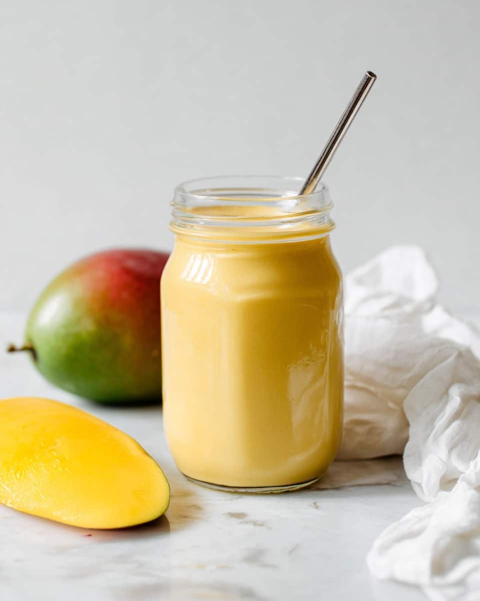 A clear glass jar filled with smooth, creamy yellow mango smoothie stands upright on a white marbled surface. A silver metal straw is placed inside the jar, slightly leaning to the right. To the left of the jar, there is a whole mango with green and red skin slightly blurred in the background, and in front, a half mango with bright yellow flesh facing the camera. A crumpled white cloth is placed slightly out of focus in the background on the right side. The scene is bright with soft natural light. photo taken with an iphone --ar 4:5 --v 7
