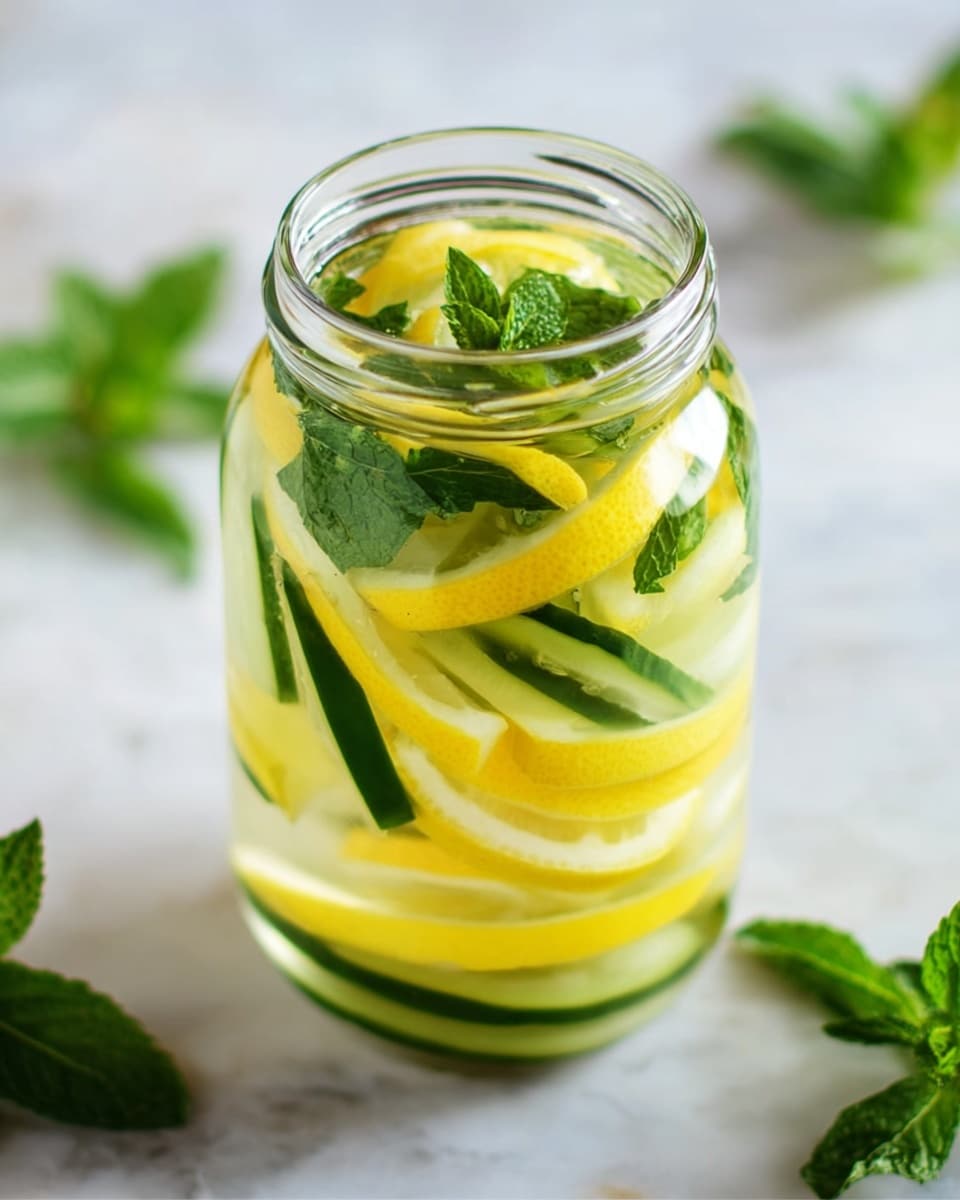 The image shows a clear glass jar filled with several layers of thin yellow lemon slices, green cucumber slices, and bright green mint leaves, all submerged in clear liquid. The lemon slices are long and slightly curved, positioned mostly vertically, while cucumber slices lie flat and curved inside the jar. The mint leaves float on the top and are scattered within the jar, adding texture and vibrant green color. The jar is placed on a white marbled surface with some mint leaves lying around it, creating a fresh and clean look. Photo taken with an iphone --ar 4:5 --v 7