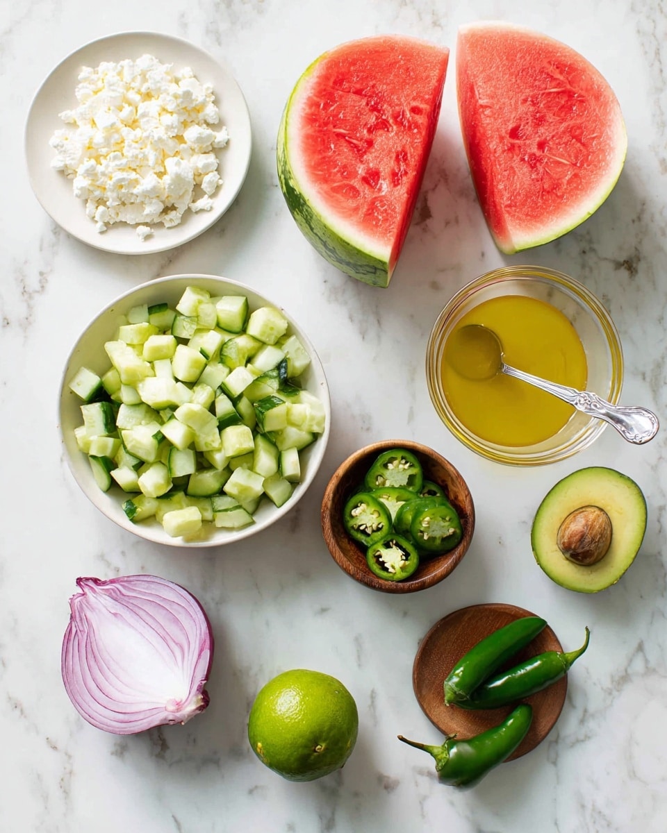 The image shows fresh ingredients neatly arranged on a white marbled surface. In the center, there is a white bowl filled with chopped green cucumber pieces, next to a white plate with crumbly white cheese. Above them, two halves of a vibrant red watermelon with a green rind sit side by side. To the right, a clear glass bowl contains a yellow dressing with a silver spoon resting inside. Below, a whole green lime sits near two lime halves, showing their juicy interior. A small wooden bowl holds sliced green jalapeños, while a whole jalapeño lies nearby. At the bottom left, there is a half of a red onion with a light purple, almost translucent inside, next to a halved avocado with a visible brown pit. photo taken with an iphone --ar 4:5 --v 7