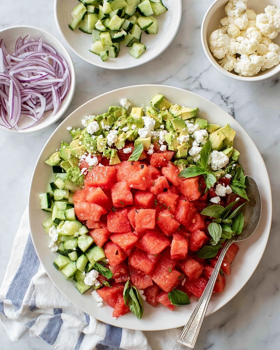 A large white plate holds a colorful salad made up of three main layers. The bottom layer consists of a mix of small chopped green cucumbers and pale green avocado pieces. On top of that is a thick layer of bright red watermelon cubes, evenly spread across the plate. Scattered over the salad are small white crumbles of cheese and fresh dark green basil leaves mixed with lighter green mint leaves. A silver spoon rests on the right side of the plate partially inside the salad. Around the main plate, there are three smaller white dishes: one with thin purple onion slices, one with cauliflower crumbles, and one with green cucumber chunks. All items are placed on a white marbled surface, and a white cloth with blue stripes lies under the main plate photo taken with an iphone --ar 4:5 --v 7