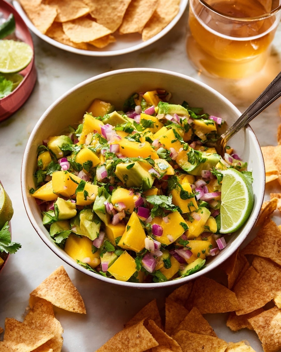 A white bowl is filled with a colorful mix of diced mango, avocado, and red onion, combined with chopped green herbs, showing at least three different layers of these fresh ingredients. Bright yellow mango chunks and green avocado pieces make up most of the dish, dotted with small purple-red onion cubes and green cilantro leaves on top. A wedge of lime sits on the right side of the bowl, and a spoon is placed inside for serving. Around the bowl, there are crispy tortilla chips scattered on a white marbled surface, with another white bowl partially visible in the background holding more chips and lime wedges. A glass of light beer is blurred in the back, adding a warm golden tone to the image. photo taken with an iphone --ar 4:5 --v 7