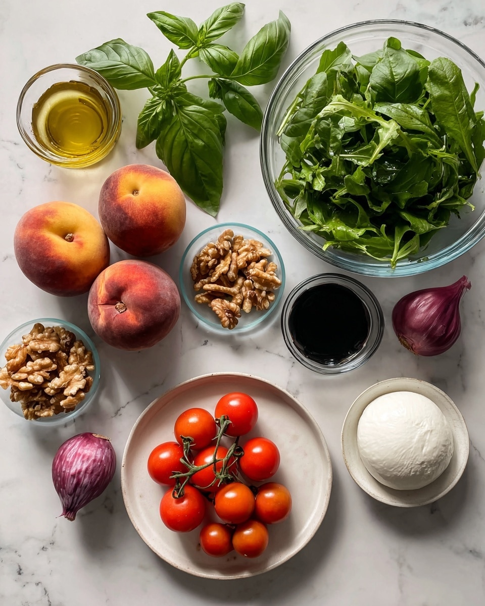 The image shows fresh ingredients arranged on a white marbled surface. In the top right is a clear glass bowl filled with green salad leaves, looking fresh and crisp. Below and slightly to the left are three whole peaches with red and yellow skin. Next to them is a bunch of bright green basil leaves. A small purple onion is placed near the basil. Below the onion is a round white plate with a smooth, white burrata cheese ball. To the bottom left of the image is a white plate holding a bunch of bright red cherry tomatoes still on the vine. Near the top left corner is a small glass container with golden olive oil, next to a bowl with roughly chopped walnuts, and a small glass bowl with dark balsamic glaze. A woman's hand touches the peaches lightly. The scene is well-lit with natural light. photo taken with an iphone --ar 4:5 --v 7