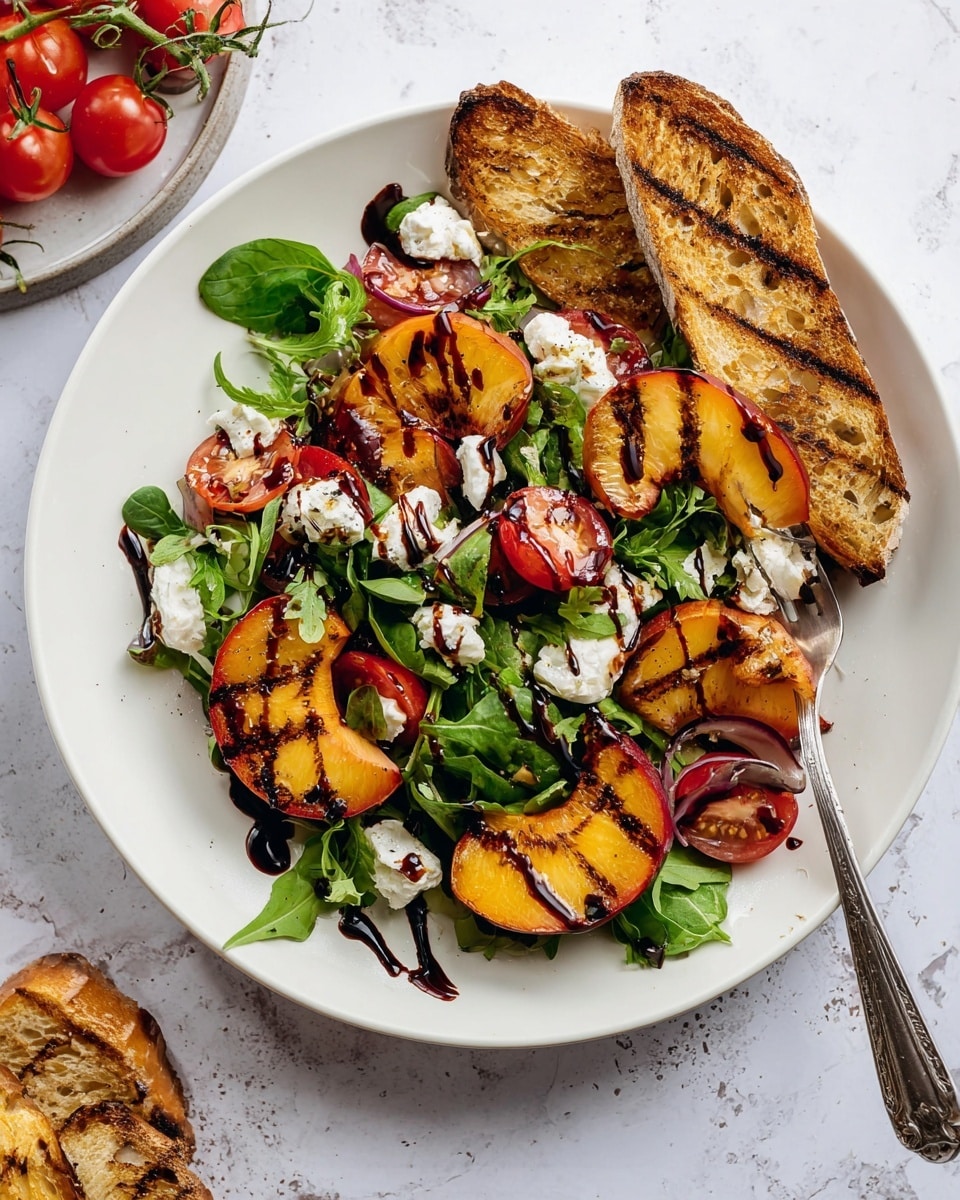 The dish is a fresh salad served on a white plate placed on a white marbled surface. The salad has three main layers: a base of green leafy spinach and watercress, topped with halved bright red cherry tomatoes scattered across, and grilled peach slices with visible dark grill marks layered evenly. Soft white dollops of creamy cheese are spread throughout the salad. A drizzle of dark balsamic glaze adds shine and contrast on top. Two slices of toasted bread with a golden crust lean against the salad on one side of the plate. A small fork rests at the edge of the plate. Photo taken with an iphone --ar 4:5 --v 7